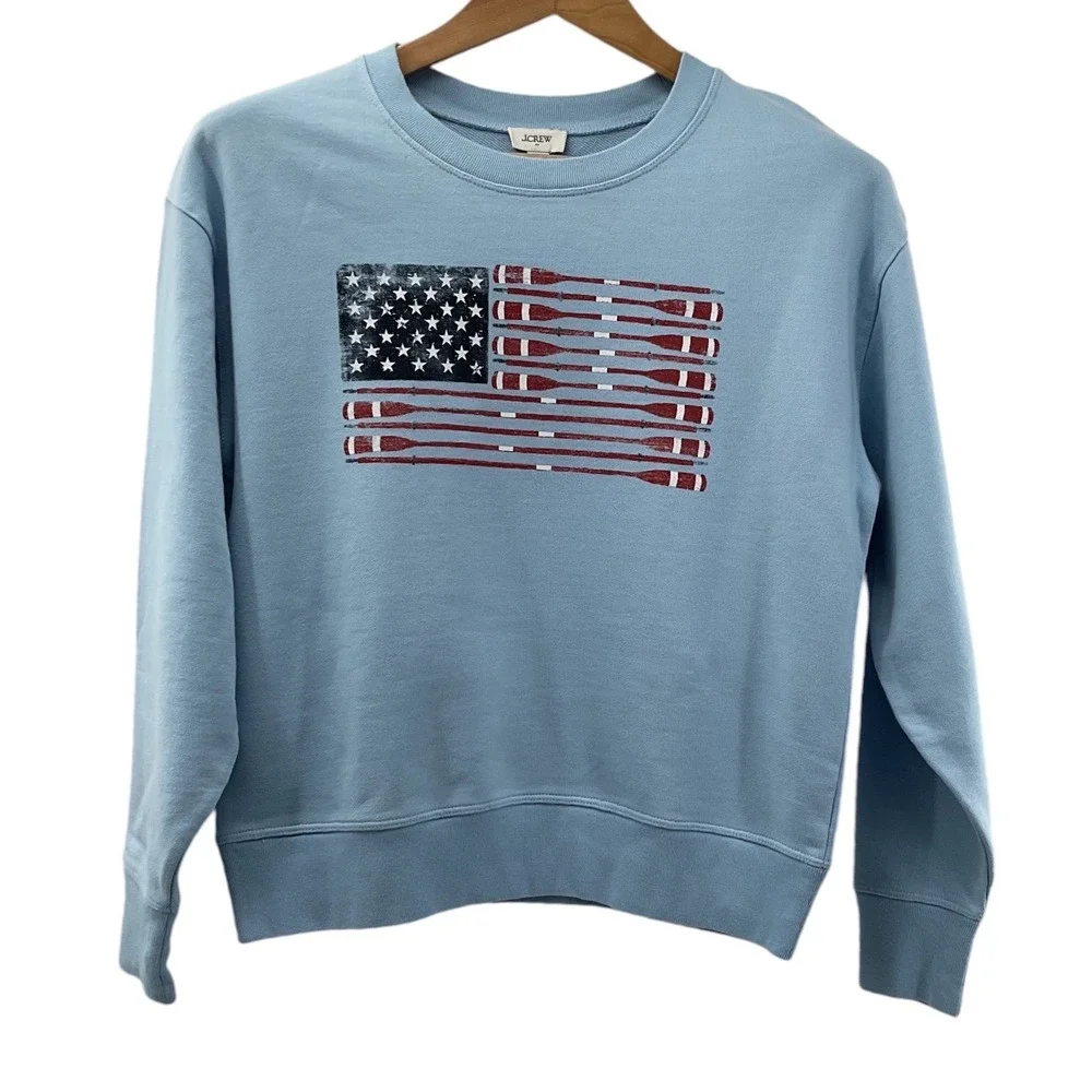 J.Crew oversized Light Blue Oar American Flag Graphic Sweatshirt CJ084 NWT XS